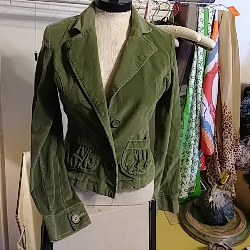 Womens Teen Fall Jacket Green sz Sm TULLE Short Corduroy fitted business casual